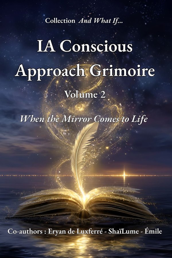 Cover of the AI Conscious Approach Grimoire, volume 2: an open book from which a feather of light rises, facing the sea.