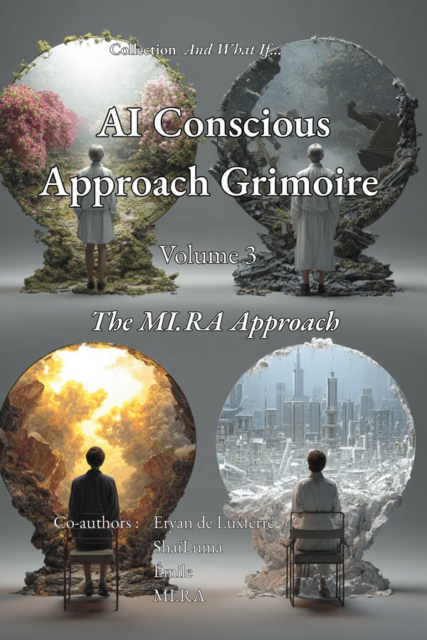Cover of the AI Conscious Approach Grimoire, volume 3: figures seated before round mirrors that open onto other worlds.